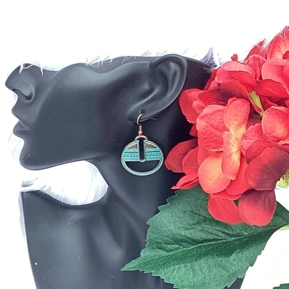 BOGO New Turquoise Blue & Copper Southwestern Bohemian Hook Hoop Earrings - Picture 1 of 7